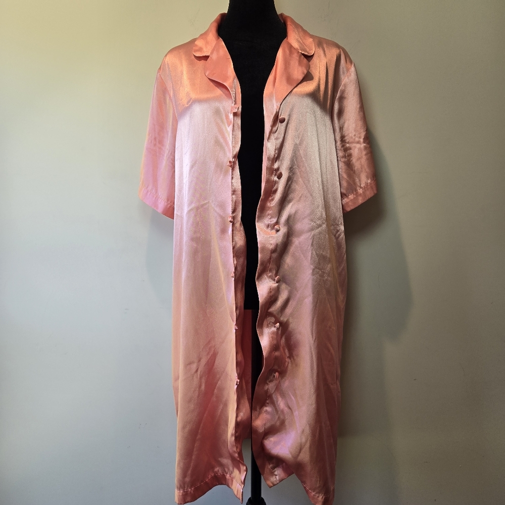 Vintage Women's Pink Satin Button Down Long Sleep Shirt Nightgown Large - Picture 2 of 11